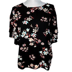 Bobeau Black Floral Print Top Size S